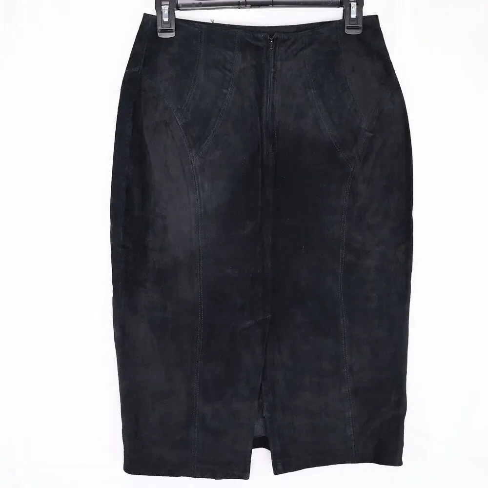 La Nauvelle Renaissance Skirt Womens 6 8 Black Suede Leather Lined Pencil Vtg